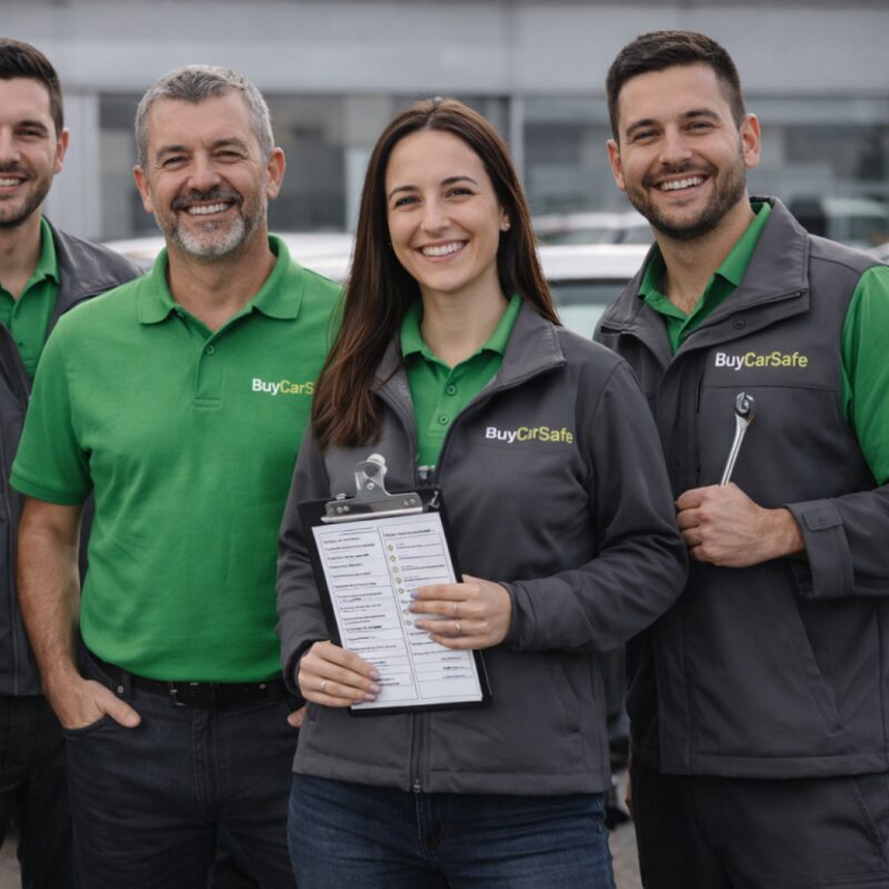 Técnico de BuyCarSafe revisando un vehículo con checklist